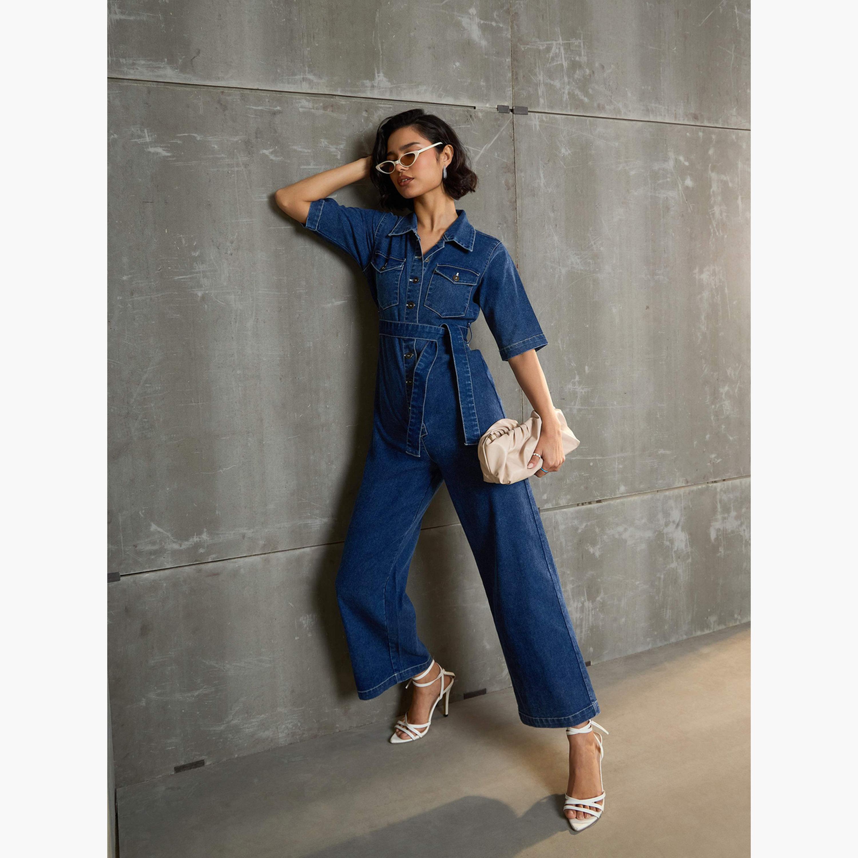 ساسافراس - جمبسوت جينز أزرق مغسول بأكمام قصيرة-women-clothing-jumpsuits-image-4