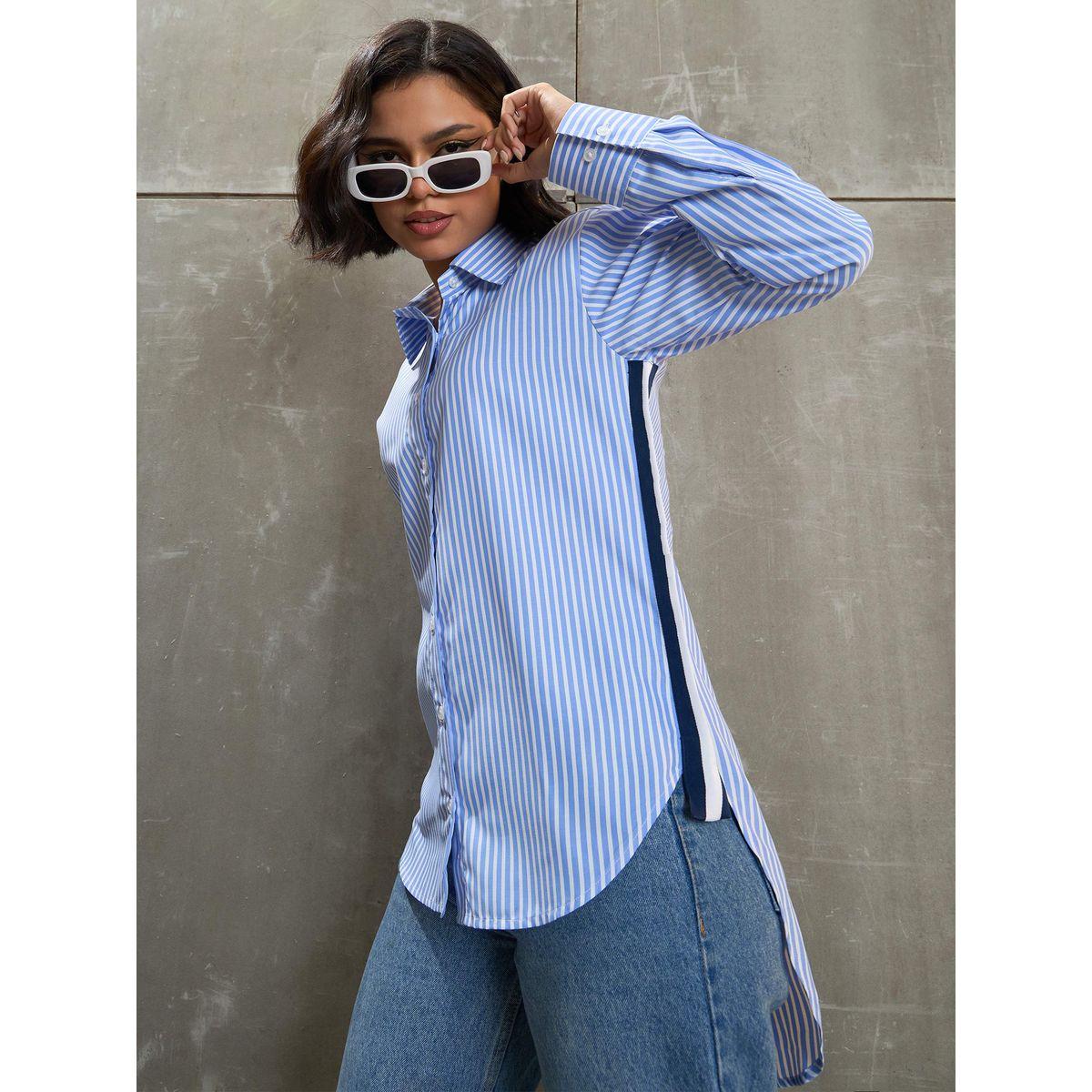 بلوزة مخططة بتفاصيل شريط جانبي-women-clothing-shirtsandblouses-shirts-image-1