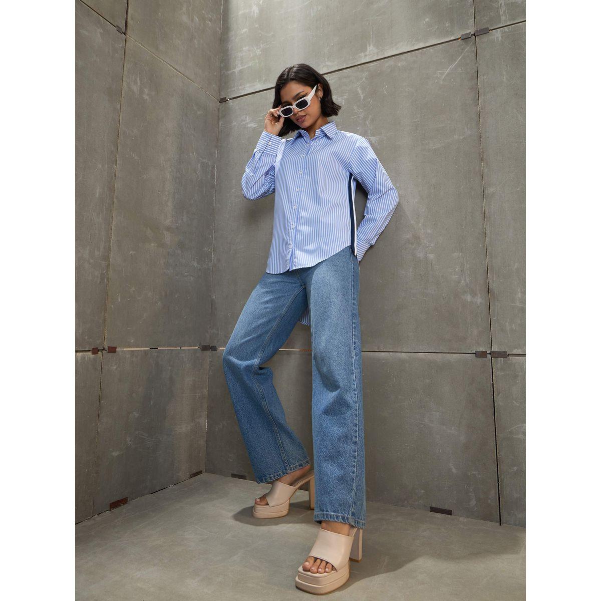 Sassafras Blue and White Striped Side Tape Shirt-women-clothing-shirtsandblouses-shirts-image-2