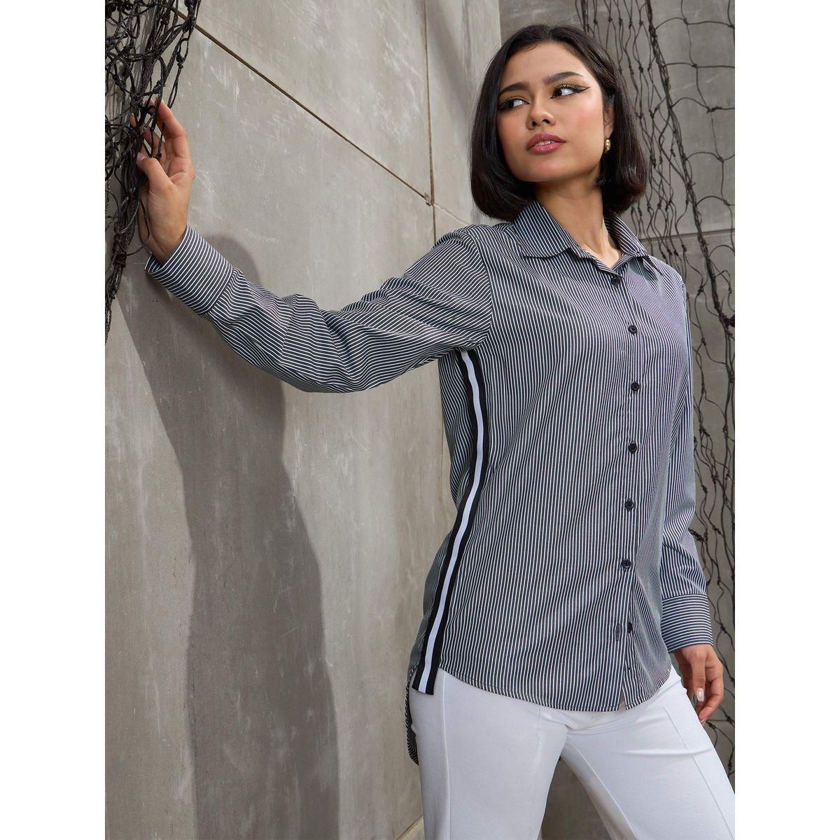 بلوزة مخططة بتفاصيل شريط جانبي-women-clothing-shirtsandblouses-shirts-image-1