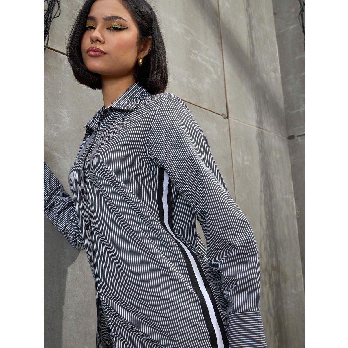 Sassafras Black and White Striped Side Tape Buttoned Shirt-women-clothing-shirtsandblouses-shirts-image-2