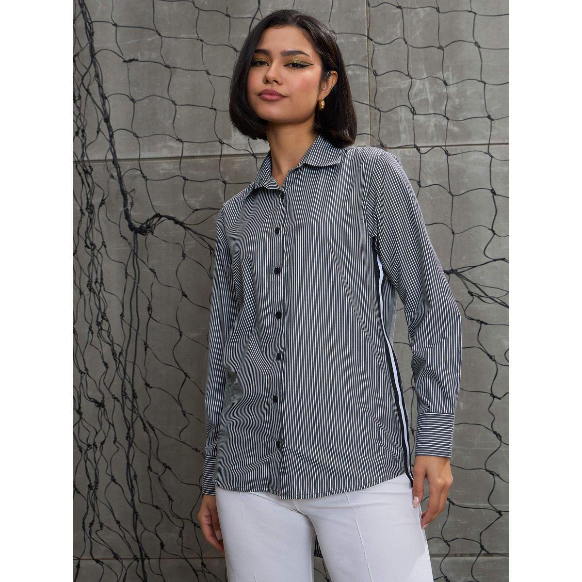 Sassafras Black and White Striped Side Tape Buttoned Shirt-women-clothing-shirtsandblouses-shirts-image-6