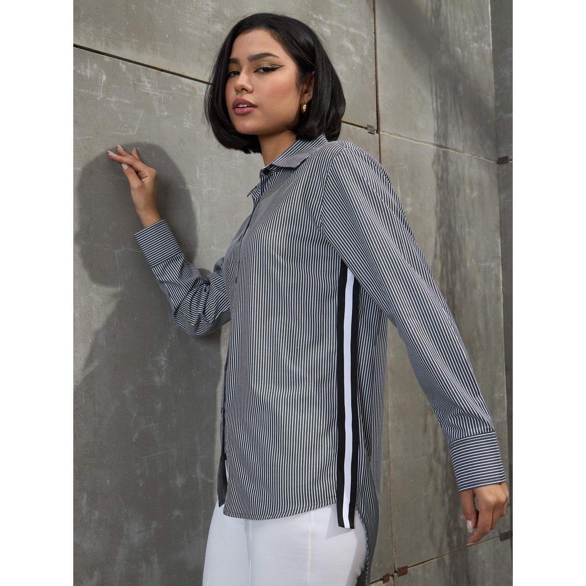 Sassafras Black and White Striped Side Tape Buttoned Shirt-women-clothing-shirtsandblouses-shirts-image-8