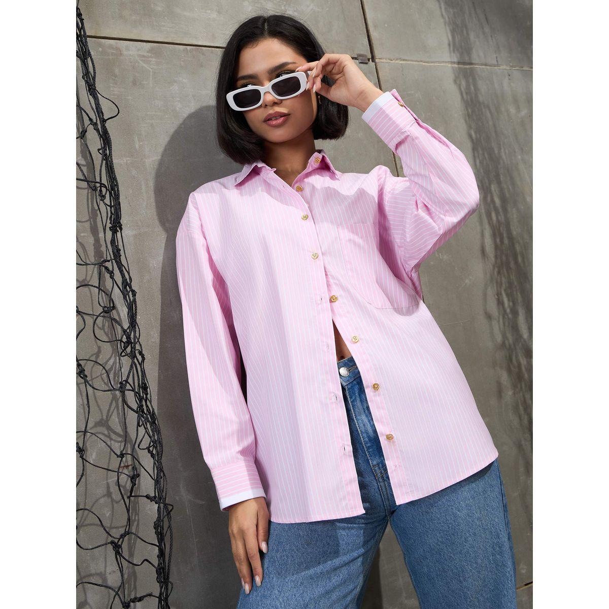 Sassafras Pink and White Striped Golden Buttons Oversized Shirt-women-clothing-shirtsandblouses-shirts-image-1