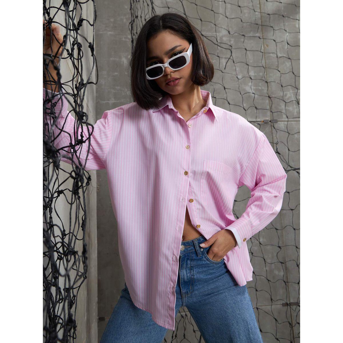 Sassafras Pink and White Striped Golden Buttons Oversized Shirt-women-clothing-shirtsandblouses-shirts-image-2