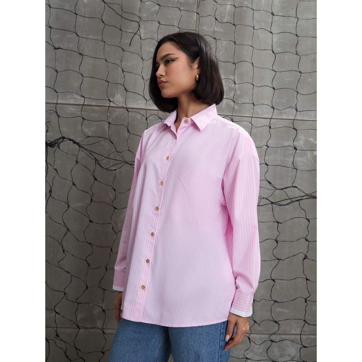 Sassafras Pink and White Striped Golden Buttons Oversized Shirt-women-clothing-shirtsandblouses-shirts-image-4