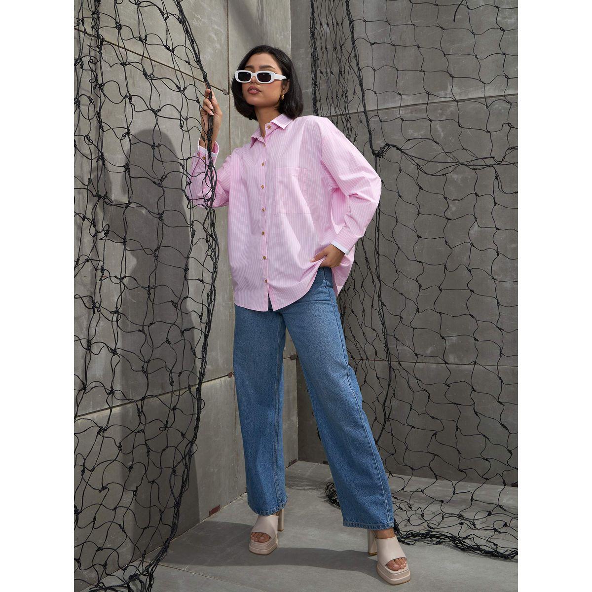Sassafras Pink and White Striped Golden Buttons Oversized Shirt-women-clothing-shirtsandblouses-shirts-image-8