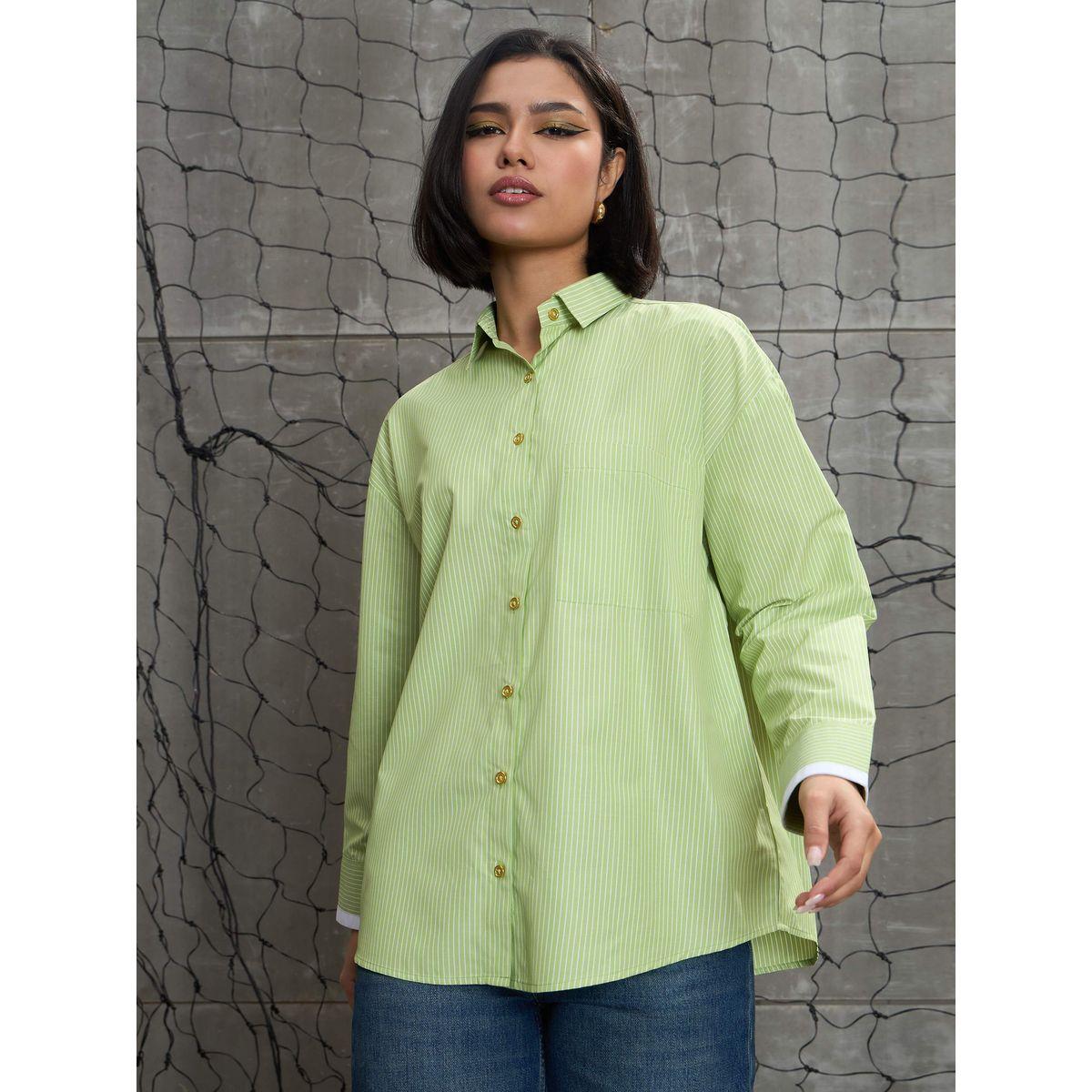 Sassafras Green and White Stripes Gold Buttons Oversized Shirt-women-clothing-shirtsandblouses-shirts-image-1
