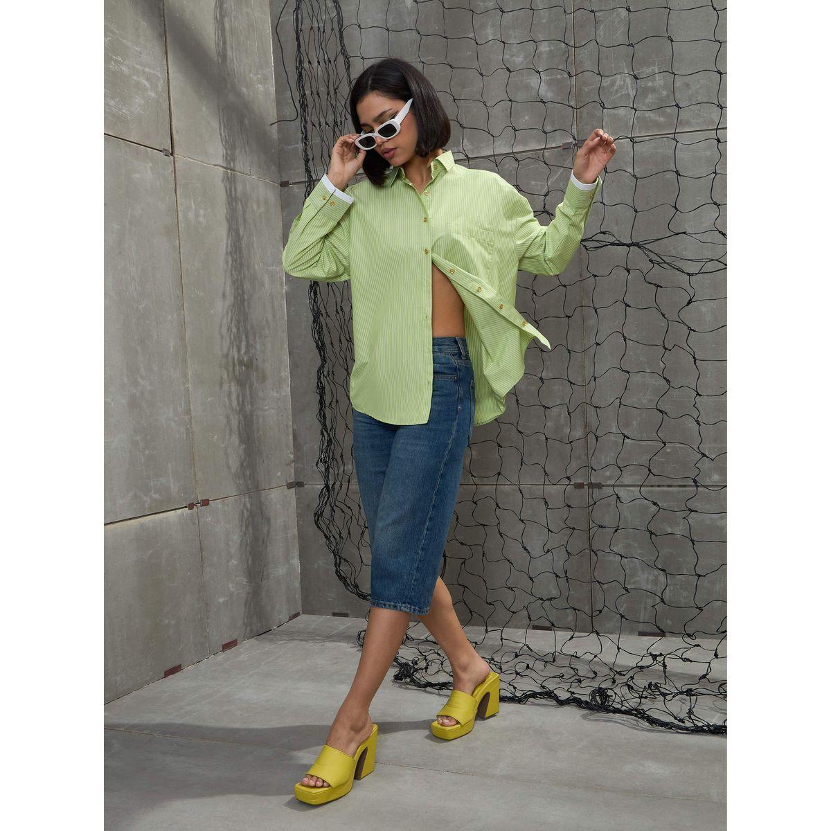 Sassafras Green and White Stripes Gold Buttons Oversized Shirt-women-clothing-shirtsandblouses-shirts-image-2