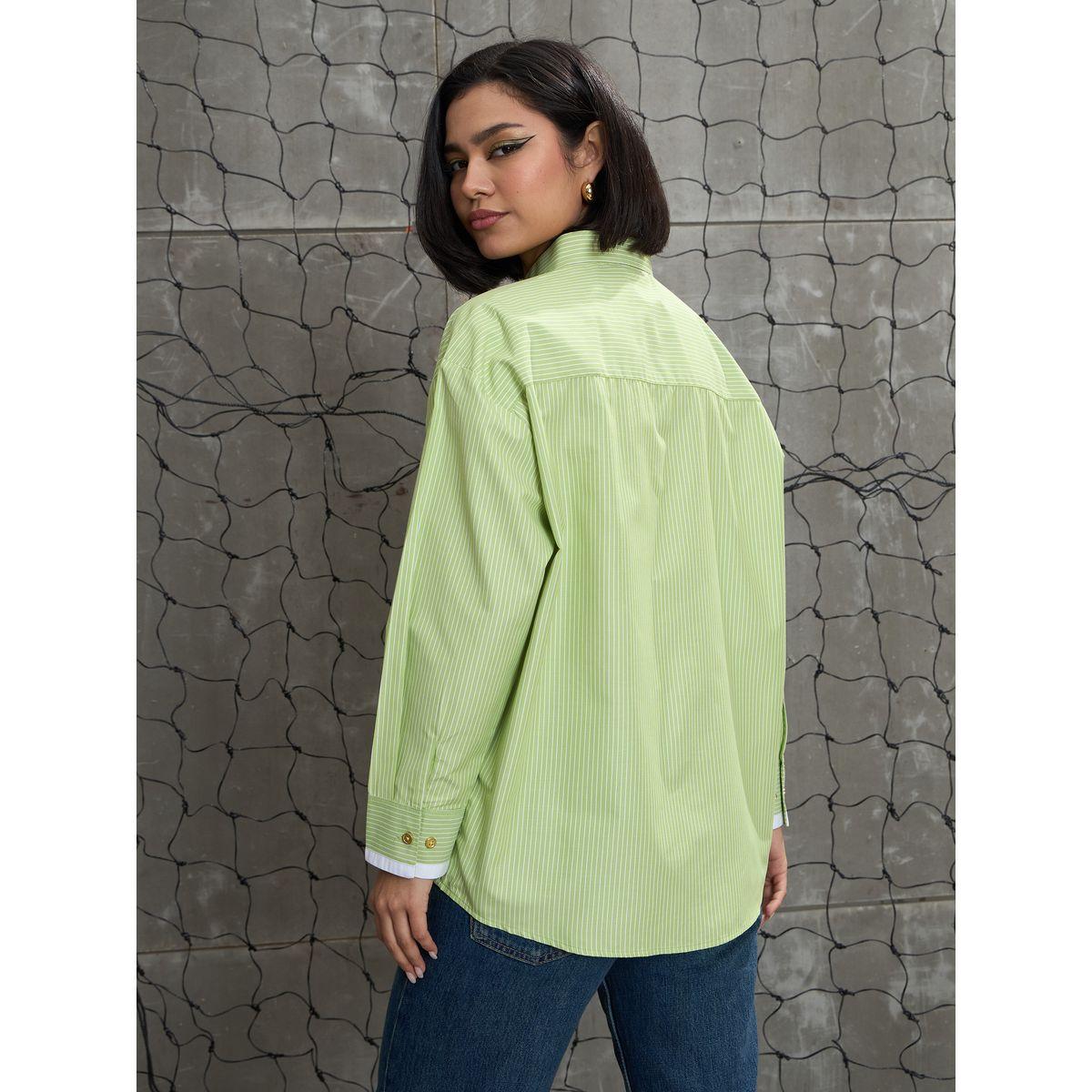Sassafras Green and White Stripes Gold Buttons Oversized Shirt-women-clothing-shirtsandblouses-shirts-image-5