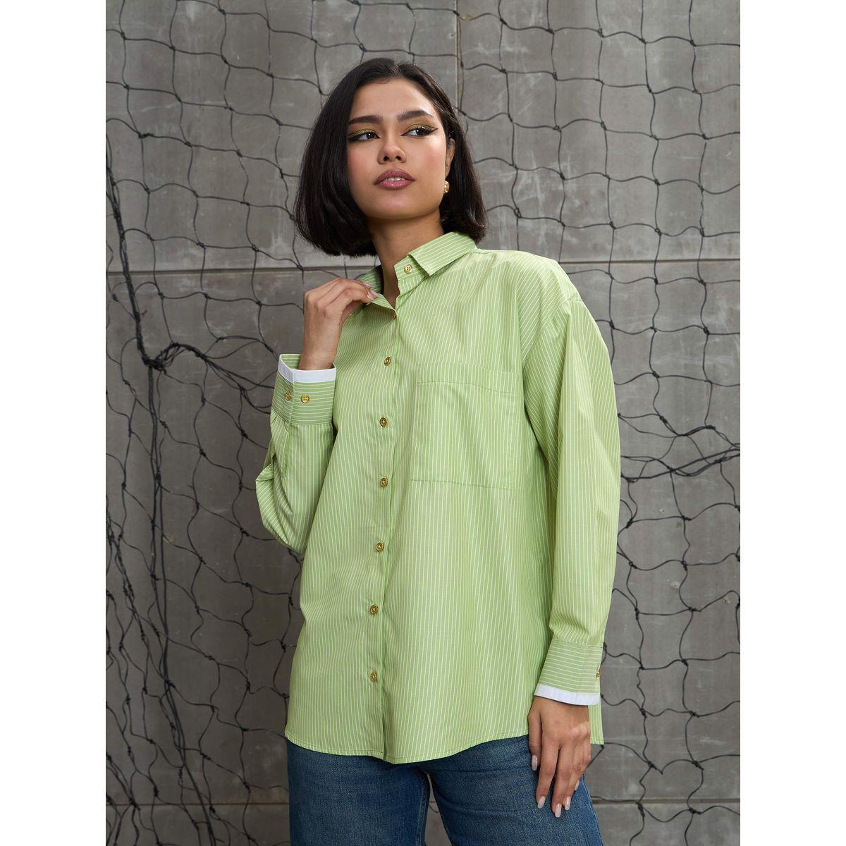 Sassafras Green and White Stripes Gold Buttons Oversized Shirt-women-clothing-shirtsandblouses-shirts-image-6