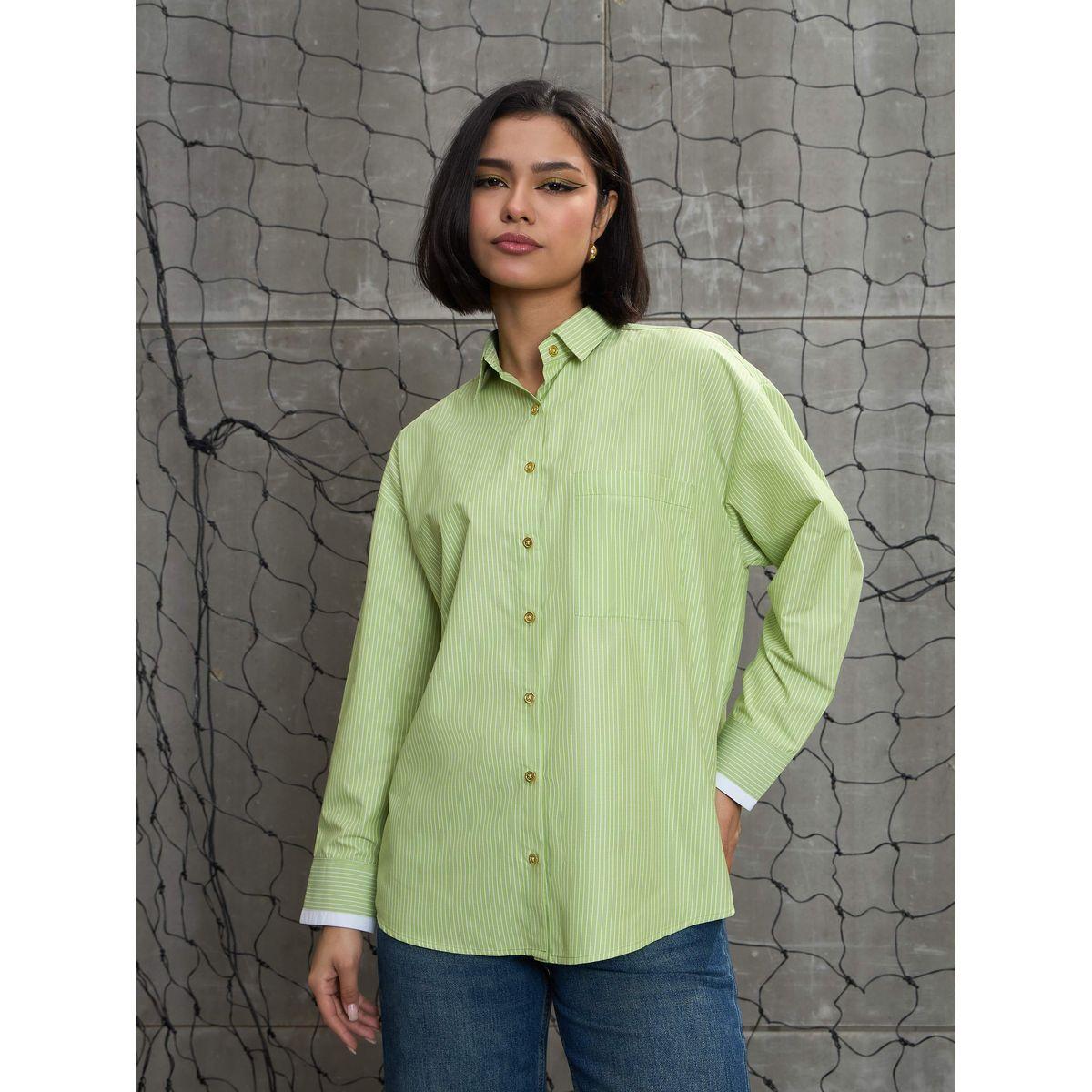 Sassafras Green and White Stripes Gold Buttons Oversized Shirt-women-clothing-shirtsandblouses-shirts-image-8