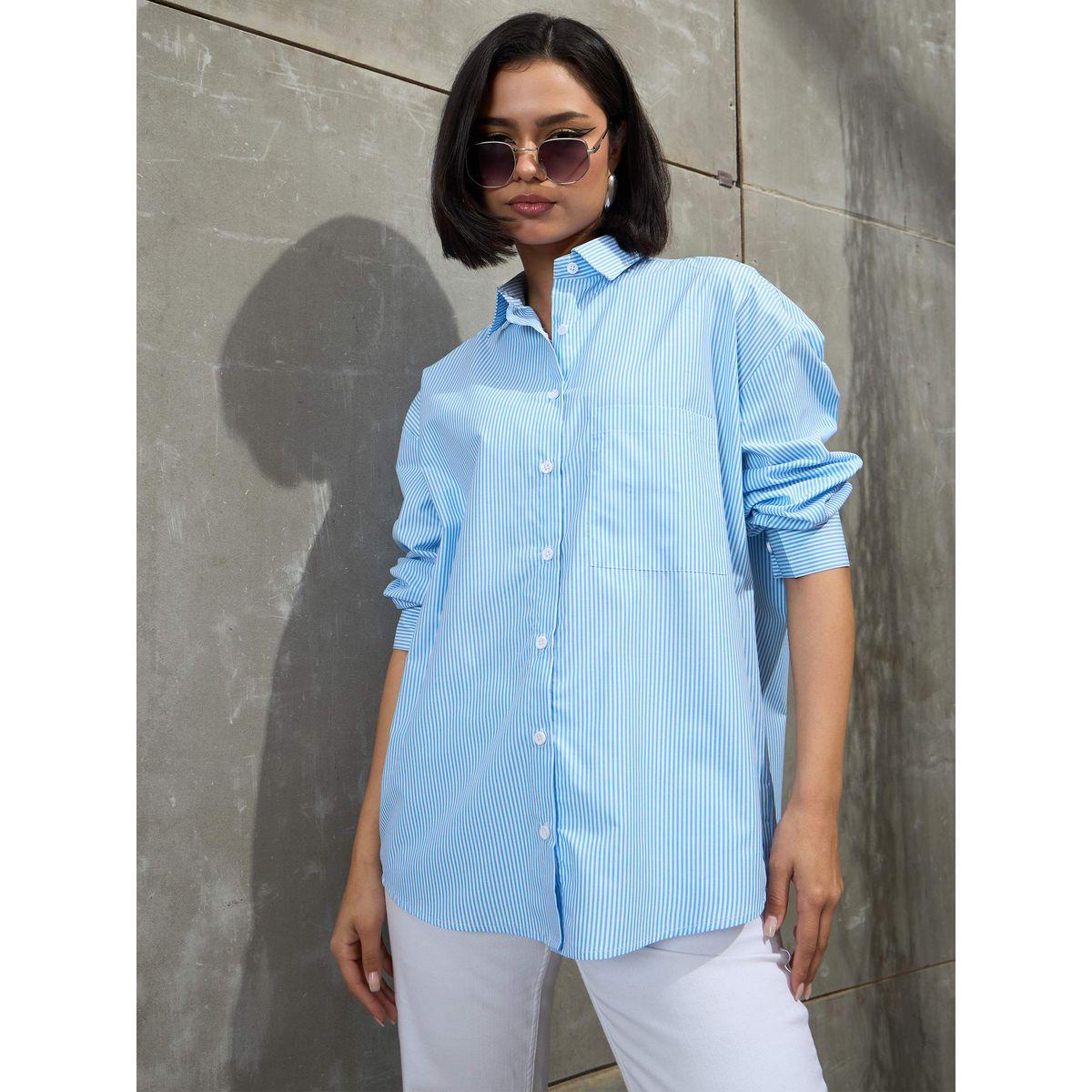 Sassafras Striped Oversized Buttoned Shirt-women-clothing-shirtsandblouses-shirts-image-1
