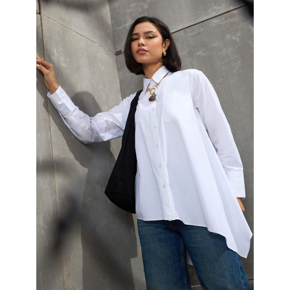 Sassafras White Poplin Asymmetric Hem Buttoned Shirt-women-clothing-shirtsandblouses-shirts-image-1
