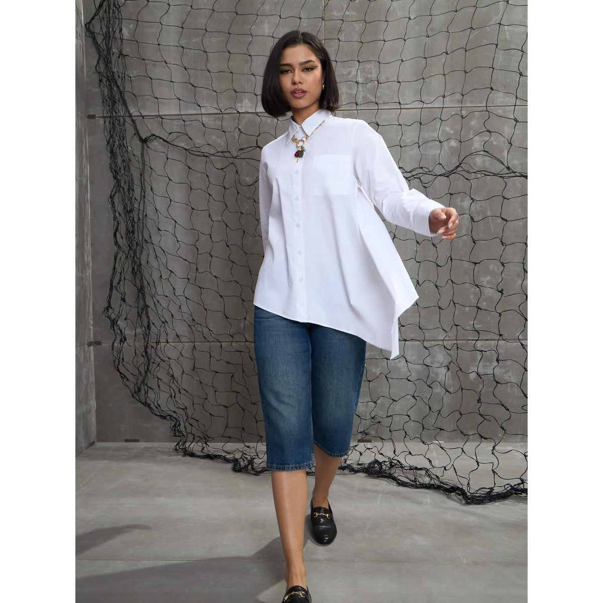 Sassafras White Poplin Asymmetric Hem Buttoned Shirt-women-clothing-shirtsandblouses-shirts-image-3