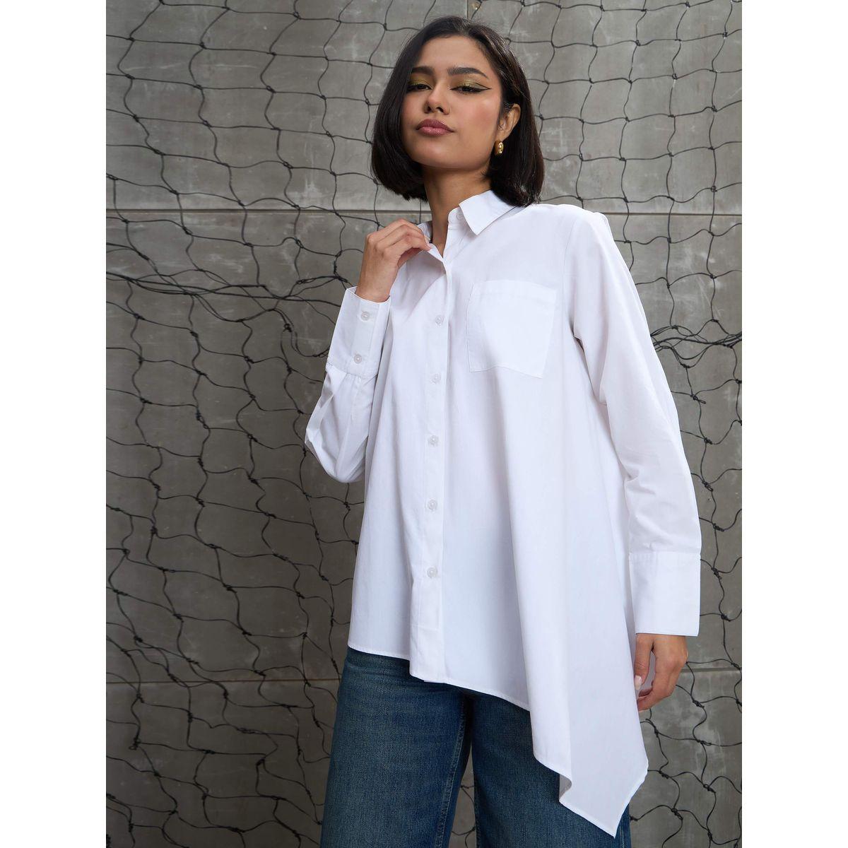 Sassafras White Poplin Asymmetric Hem Buttoned Shirt-women-clothing-shirtsandblouses-shirts-image-8