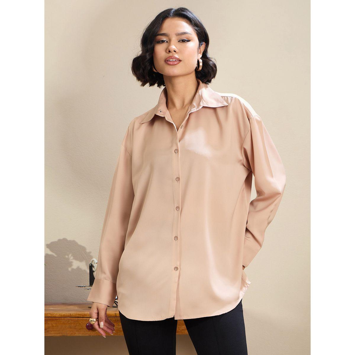 Sassafras Beige Satin Oversized Curved Hem Buttoned Shirt-women-clothing-shirtsandblouses-shirts-image-1