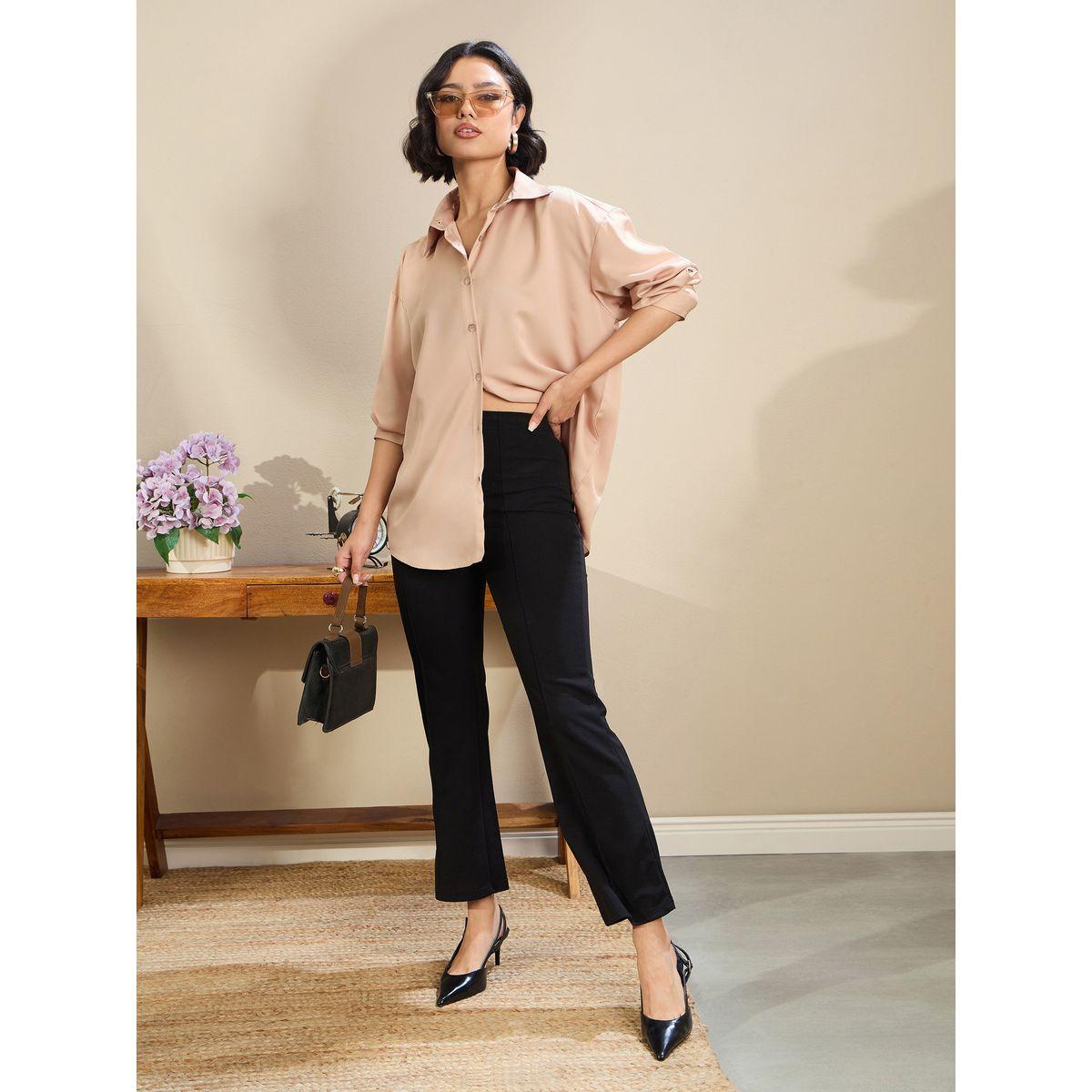 Sassafras Beige Satin Oversized Curved Hem Buttoned Shirt-women-clothing-shirtsandblouses-shirts-image-2