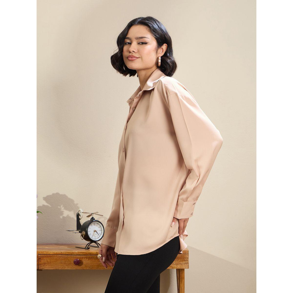 Sassafras Beige Satin Oversized Curved Hem Buttoned Shirt-women-clothing-shirtsandblouses-shirts-image-3