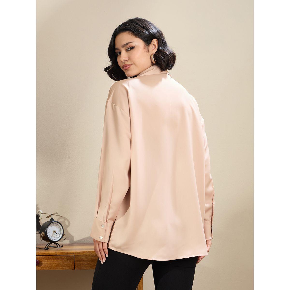 Sassafras Beige Satin Oversized Curved Hem Buttoned Shirt-women-clothing-shirtsandblouses-shirts-image-5