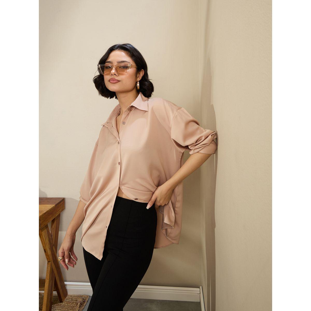 Sassafras Beige Satin Oversized Curved Hem Buttoned Shirt-women-clothing-shirtsandblouses-shirts-image-6