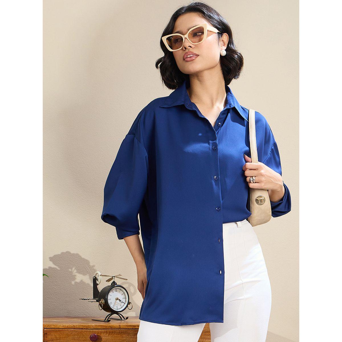 Sassafras Royal Blue Satin Oversized Curved Hem Shirt-women-clothing-shirtsandblouses-shirts-image-1