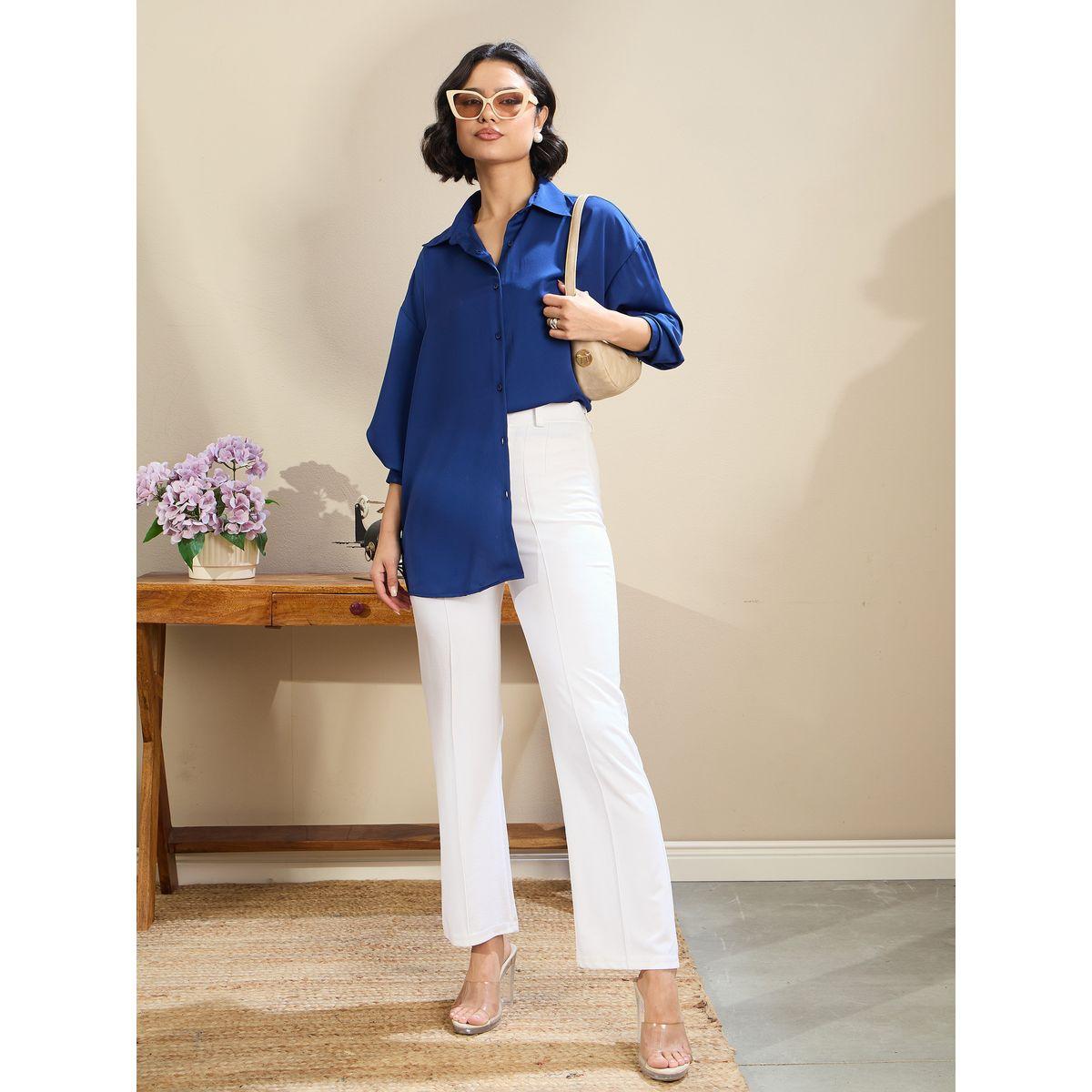 Sassafras Royal Blue Satin Oversized Curved Hem Shirt-women-clothing-shirtsandblouses-shirts-image-2