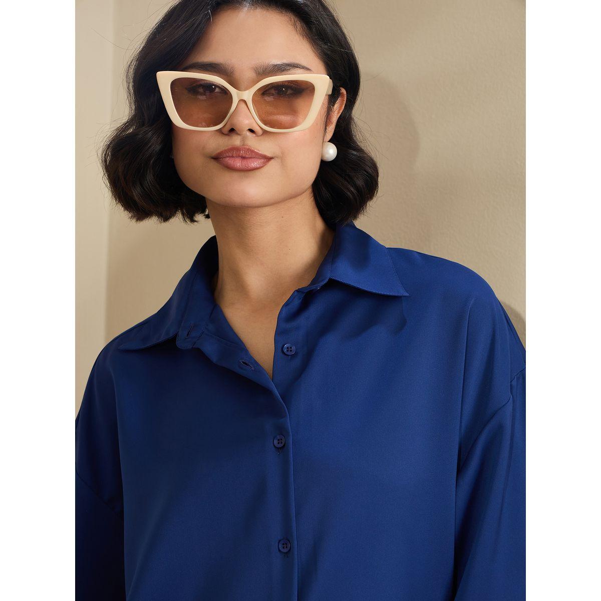 Sassafras Royal Blue Satin Oversized Curved Hem Shirt-women-clothing-shirtsandblouses-shirts-image-4