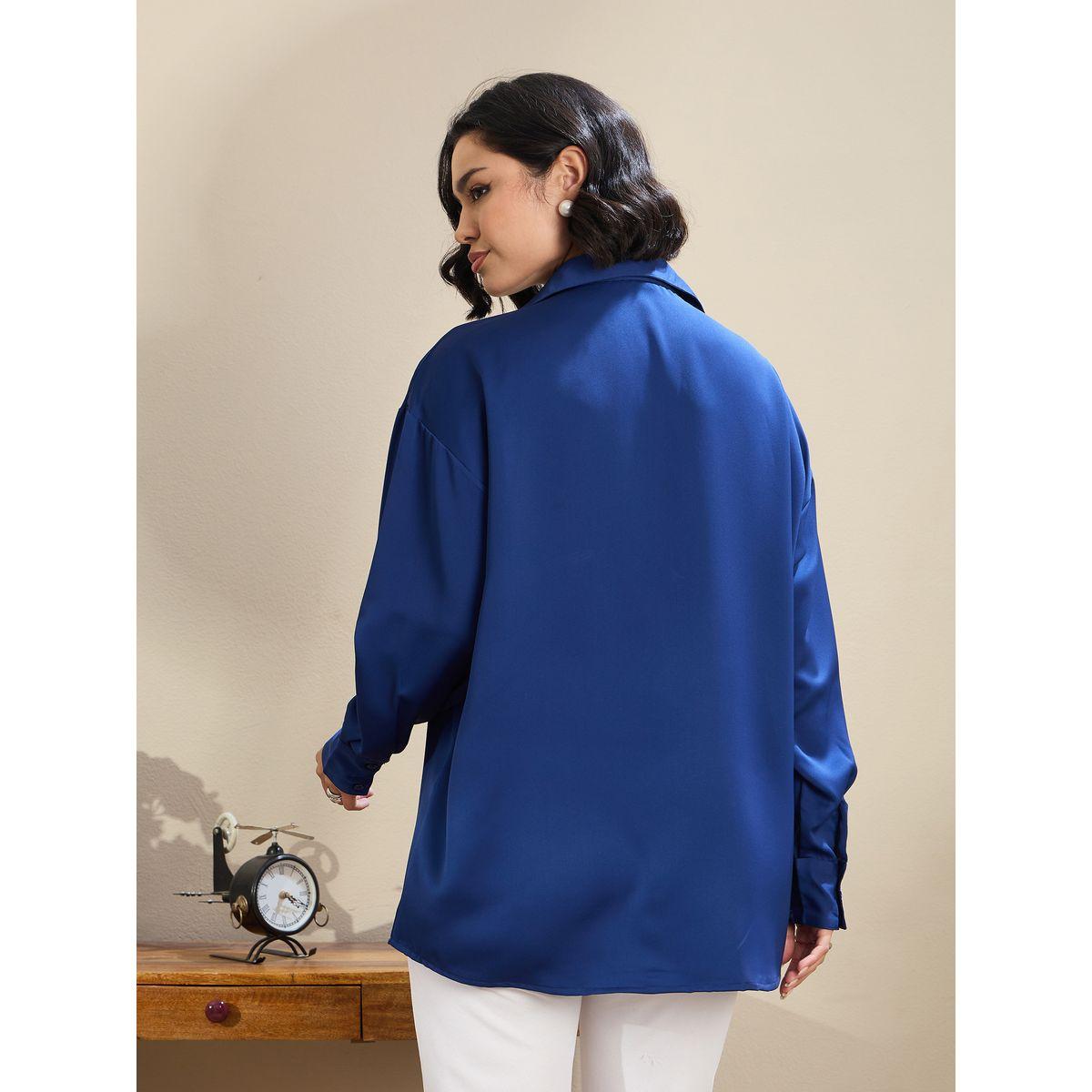 Sassafras Royal Blue Satin Oversized Curved Hem Shirt-women-clothing-shirtsandblouses-shirts-image-5