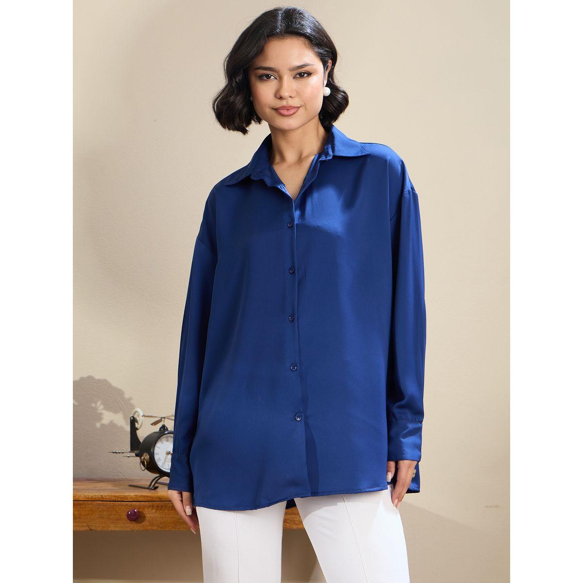 Sassafras Royal Blue Satin Oversized Curved Hem Shirt-women-clothing-shirtsandblouses-shirts-image-6