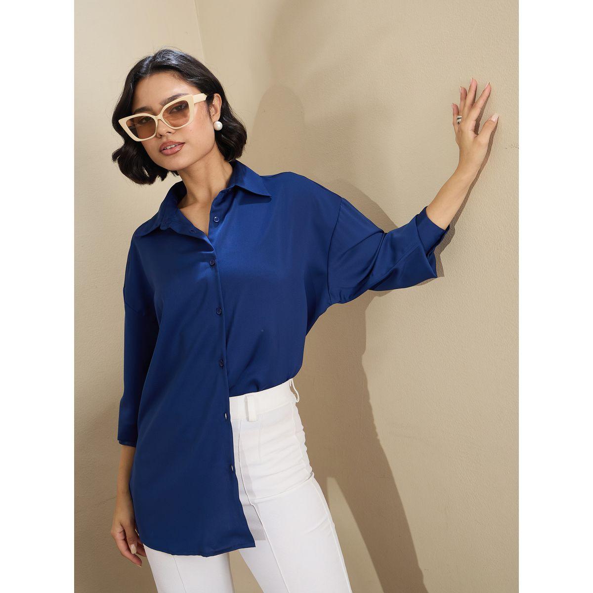 Sassafras Royal Blue Satin Oversized Curved Hem Shirt-women-clothing-shirtsandblouses-shirts-image-7