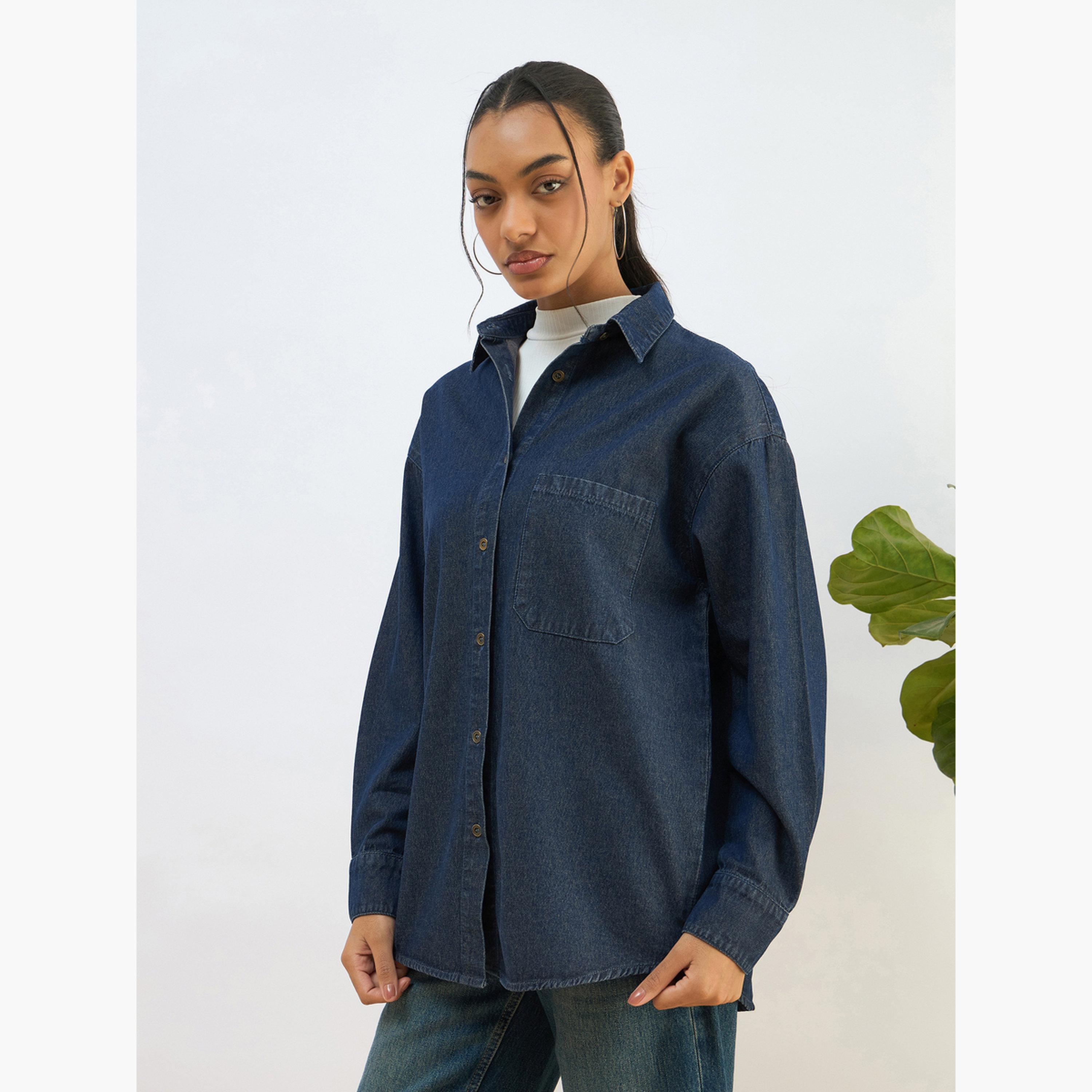 ساسافراس - قميص جينز أزرق مغسول تصميم واسع للنساء-women-clothing-shirtsandblouses-shirts-image-1