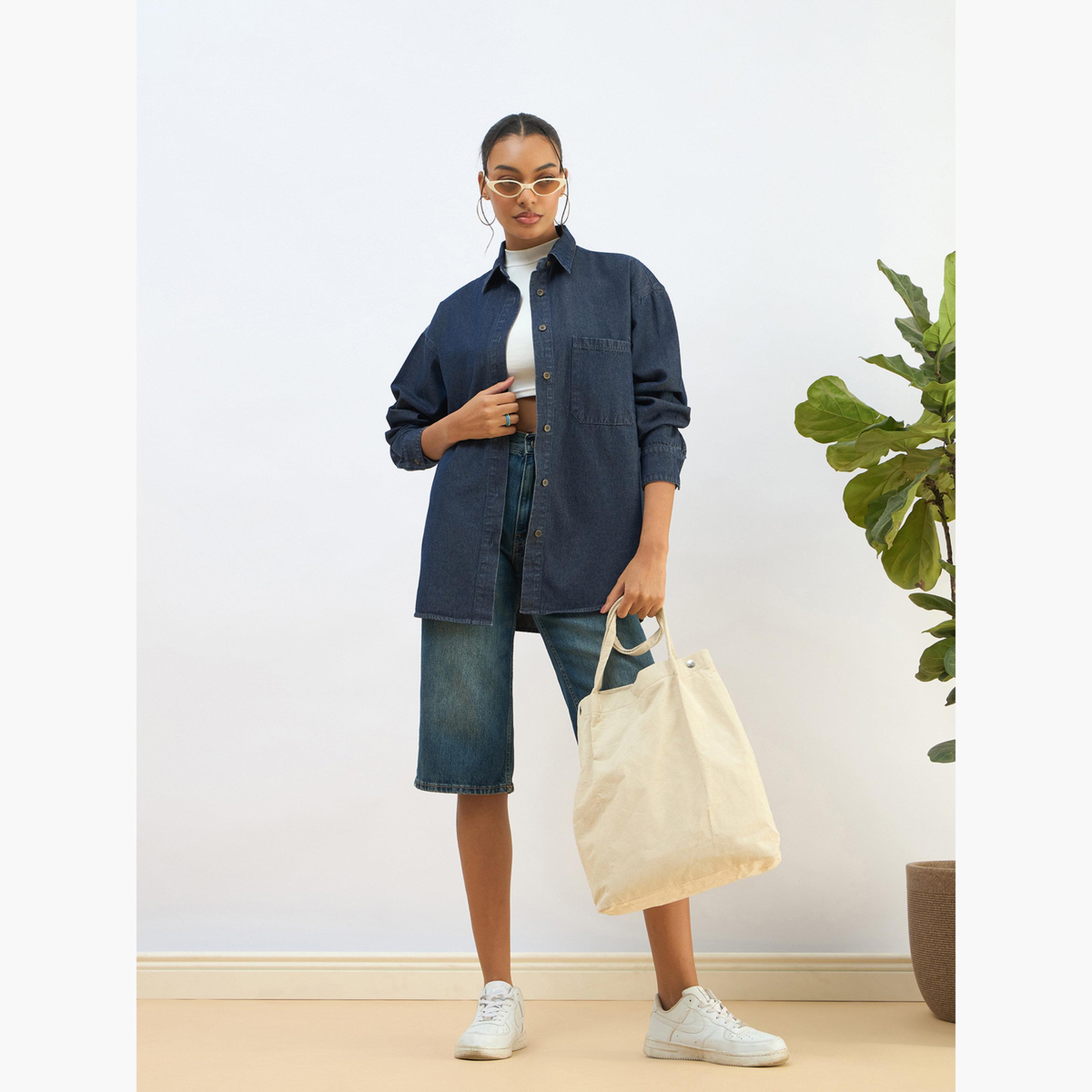 ساسافراس - قميص جينز أزرق مغسول تصميم واسع للنساء-women-clothing-shirtsandblouses-shirts-image-2