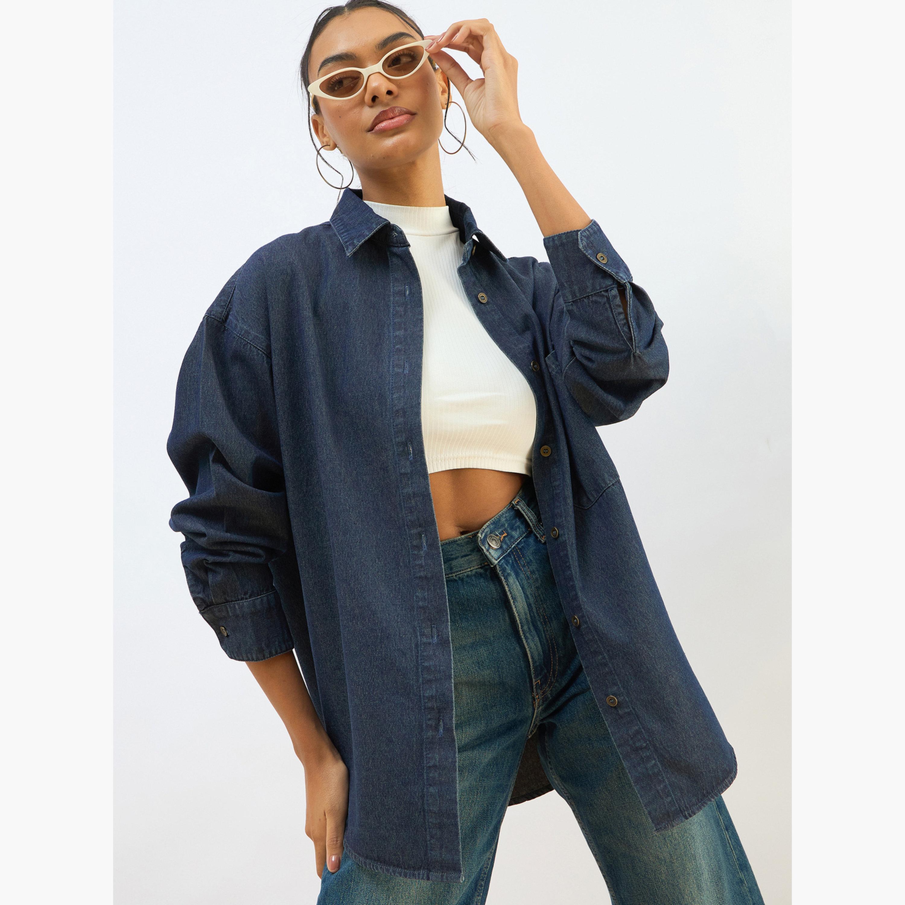 ساسافراس - قميص جينز أزرق مغسول تصميم واسع للنساء-women-clothing-shirtsandblouses-shirts-image-3