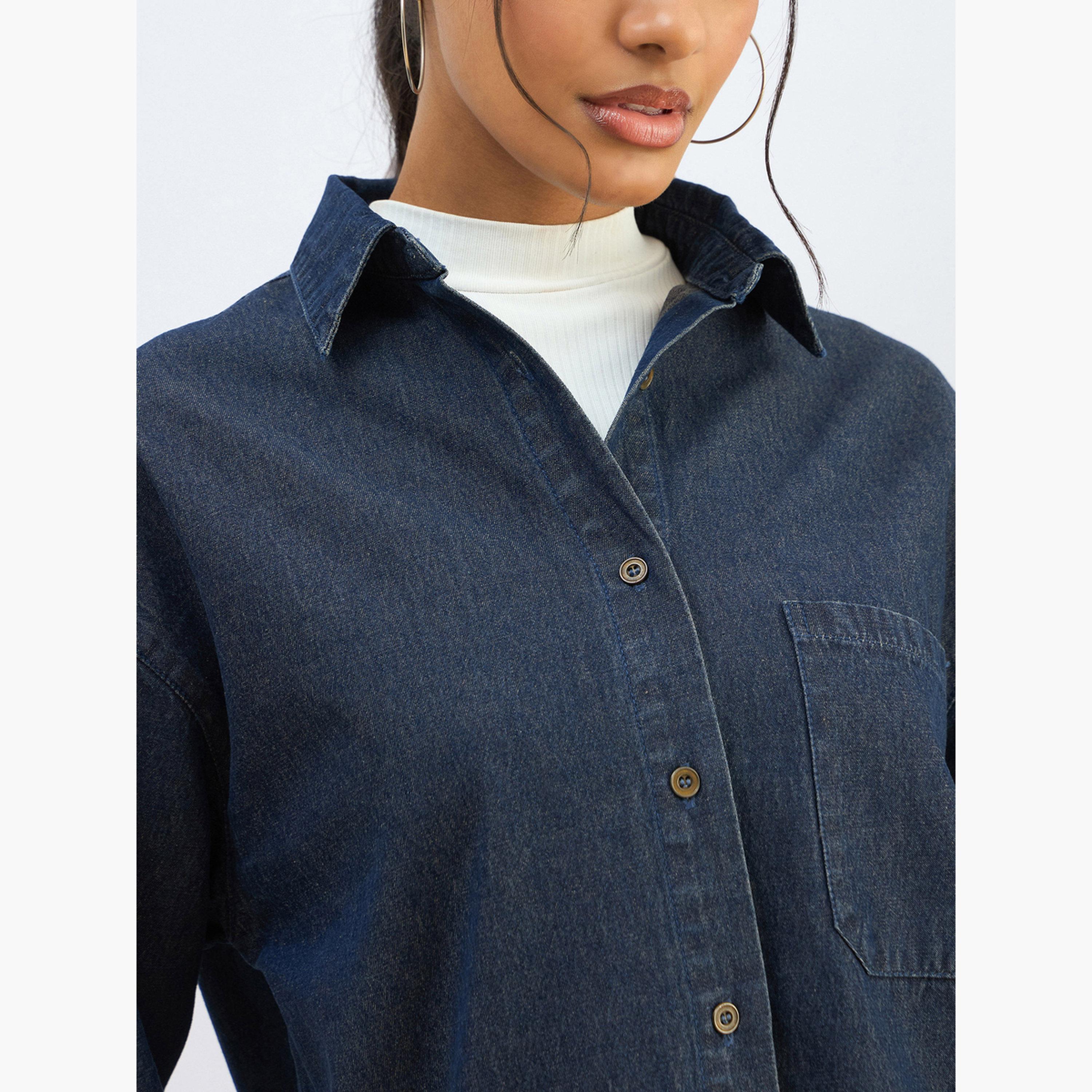 Sassafras Women Blue Washed Denim Oversized Shirt-women-clothing-shirtsandblouses-shirts-image-4