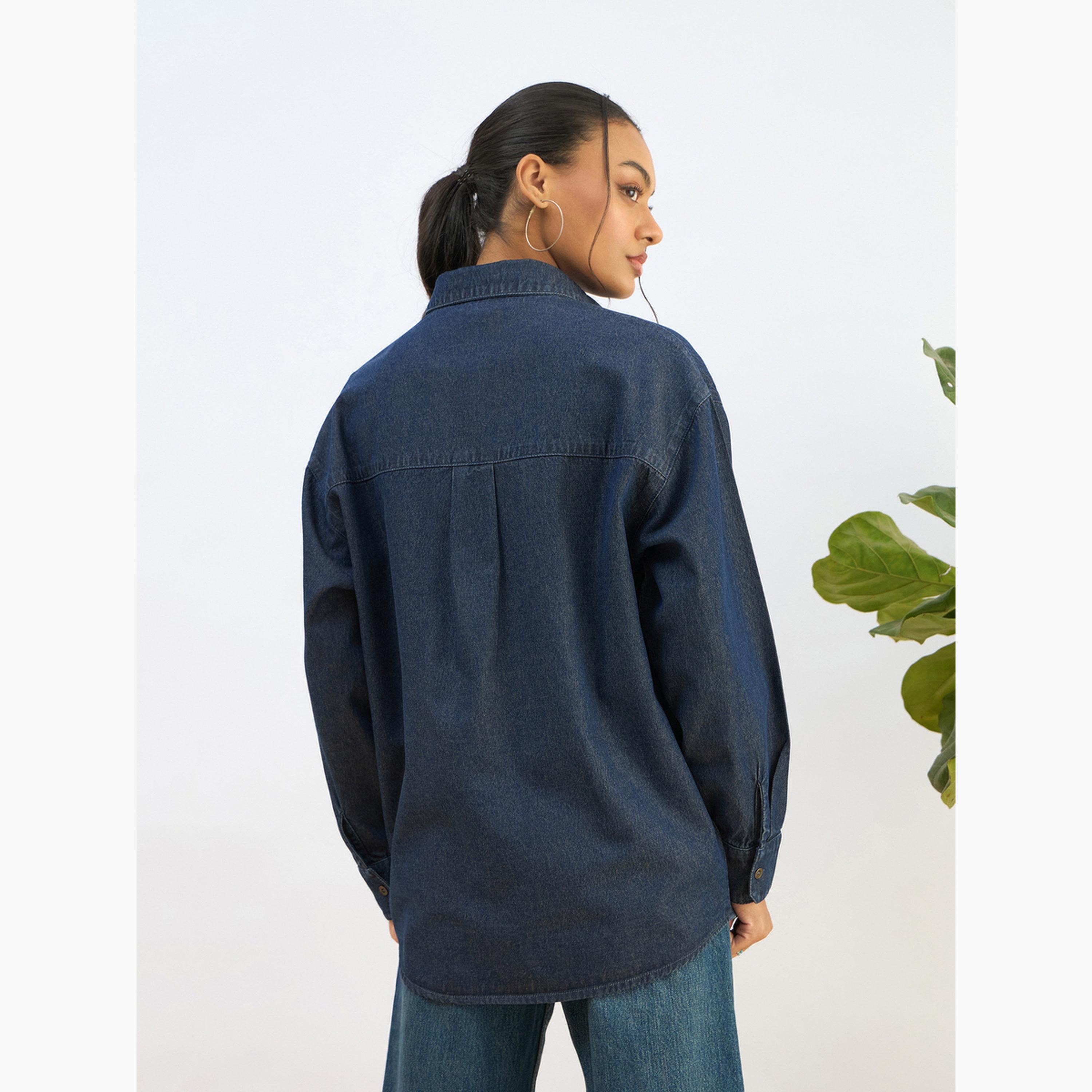 ساسافراس - قميص جينز أزرق مغسول تصميم واسع للنساء-women-clothing-shirtsandblouses-shirts-image-5