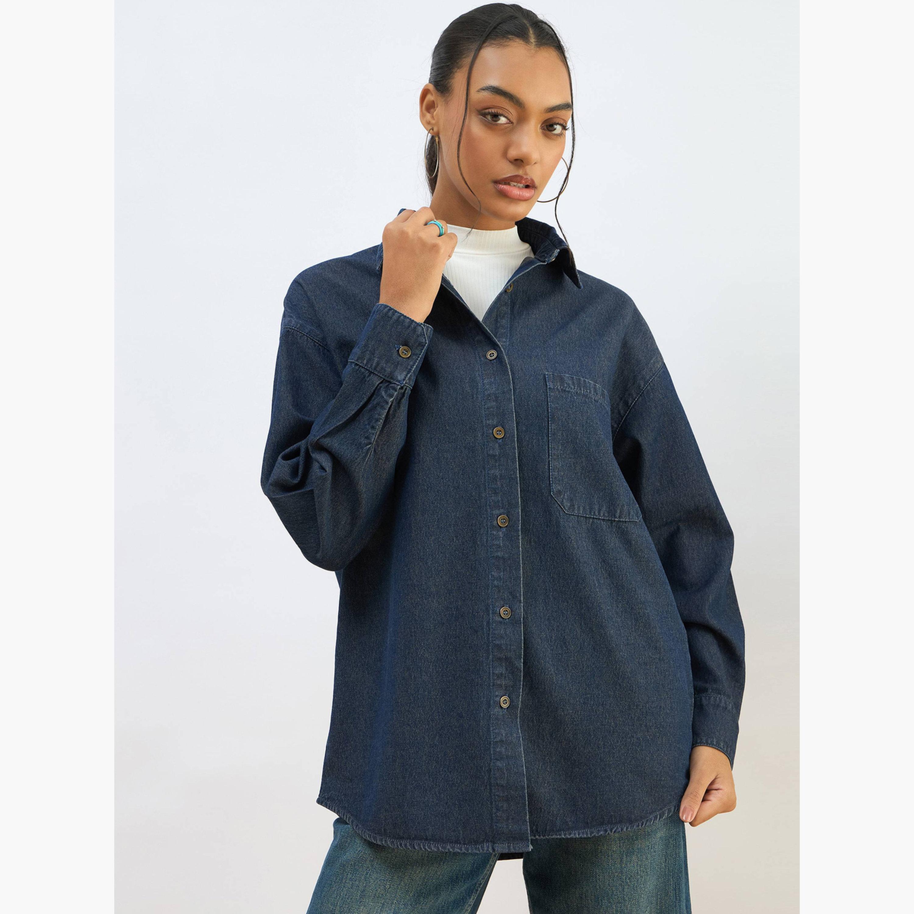 Sassafras Women Blue Washed Denim Oversized Shirt-women-clothing-shirtsandblouses-shirts-image-6