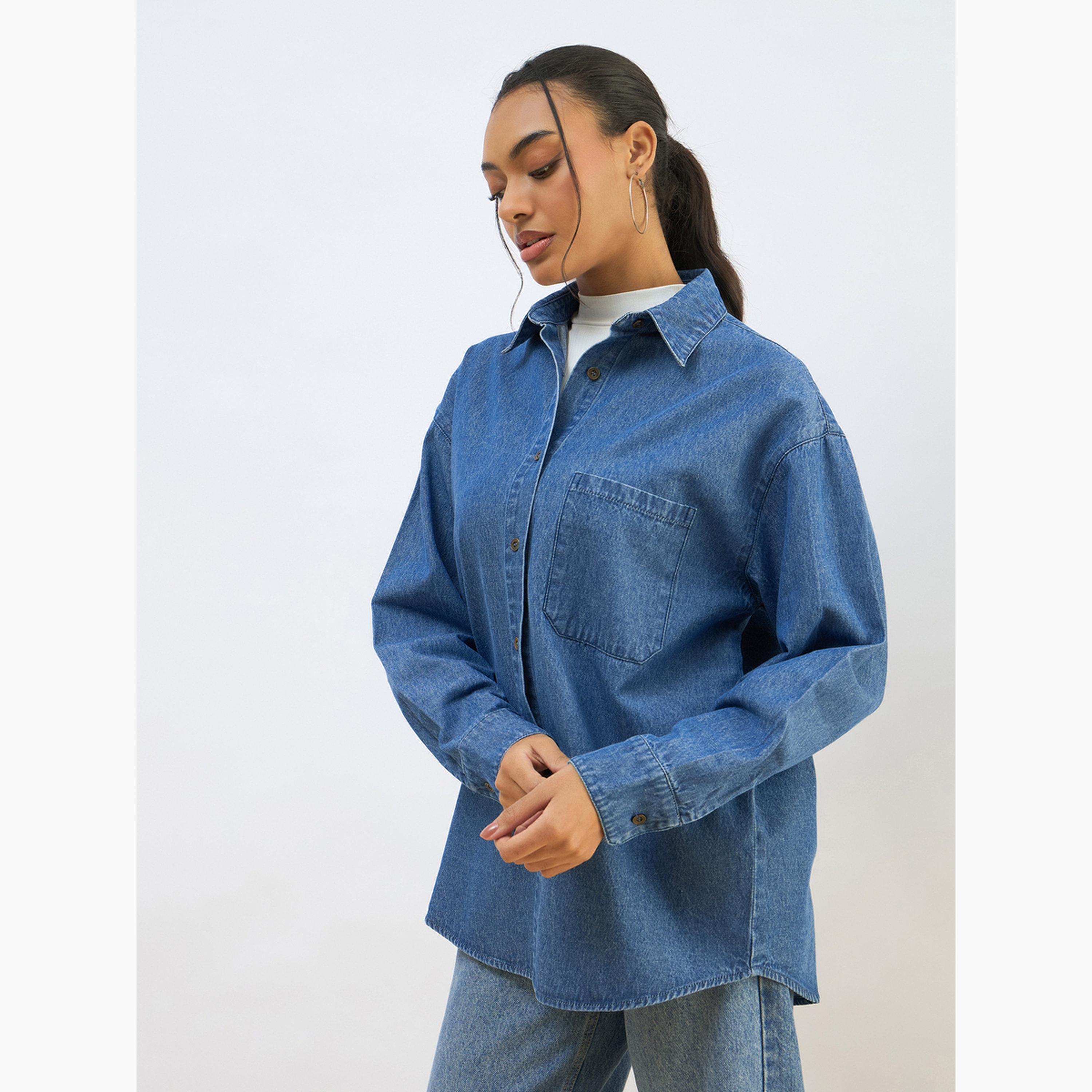 Sassafras Women Blue Denim Oversized Shirt-women-clothing-shirtsandblouses-shirts-image-1