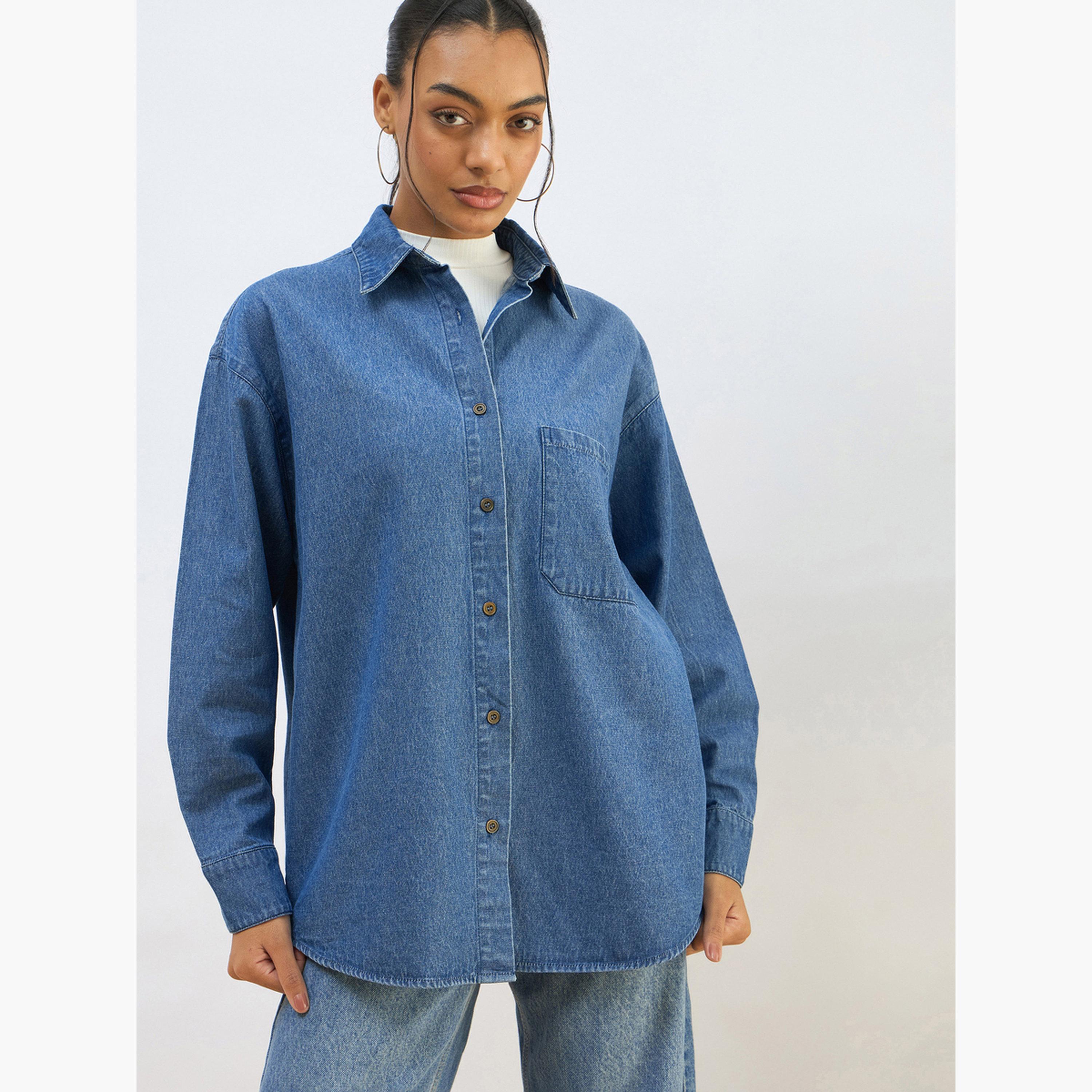 Sassafras Women Blue Denim Oversized Shirt-women-clothing-shirtsandblouses-shirts-image-3