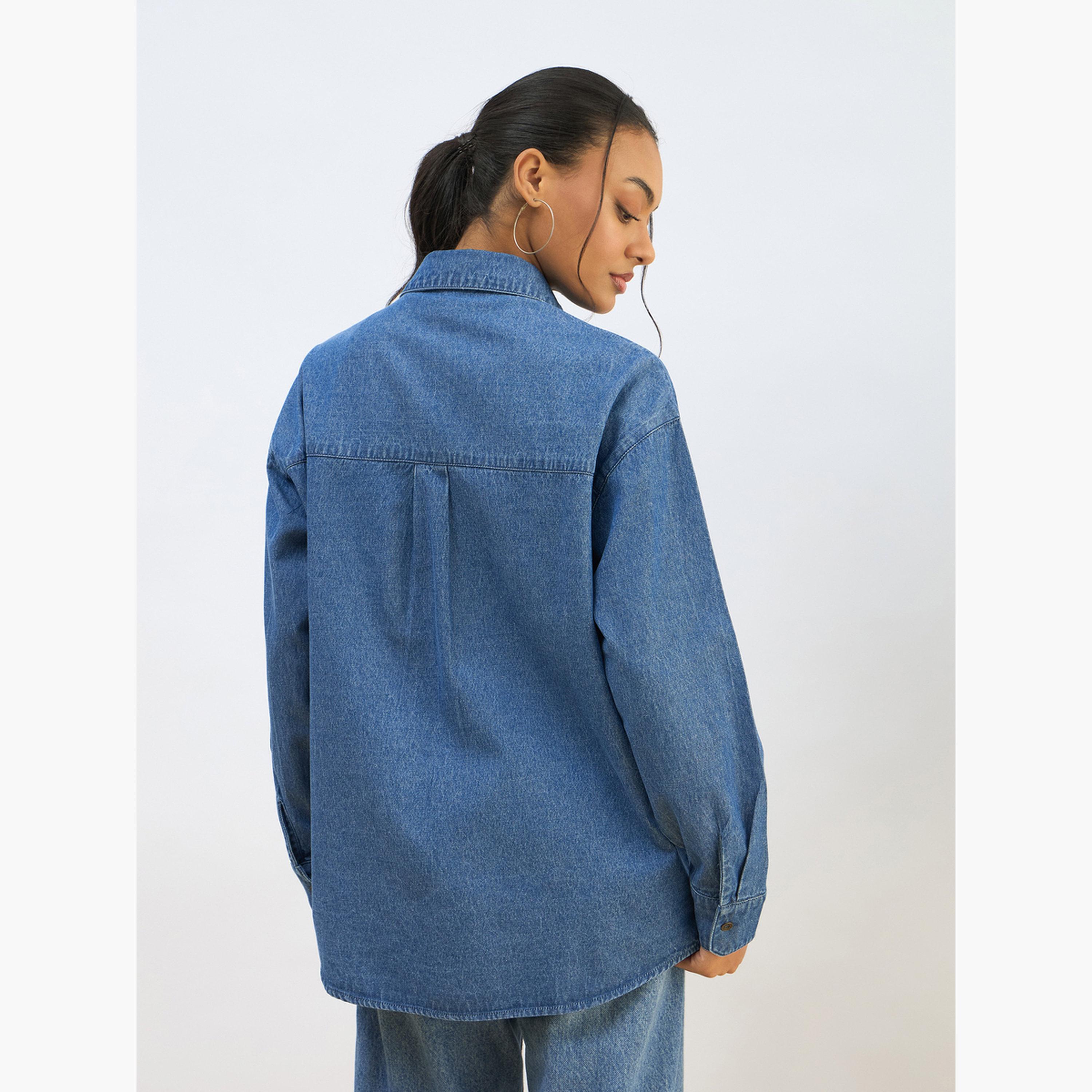 Sassafras Women Blue Denim Oversized Shirt-women-clothing-shirtsandblouses-shirts-image-5