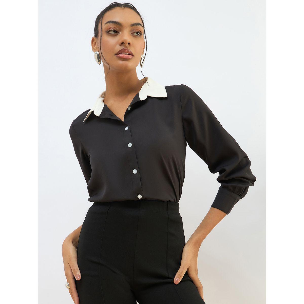 Sassafras Black Contrast Collar Regular Fit Buttoned Shirt-women-clothing-shirtsandblouses-shirts-image-1