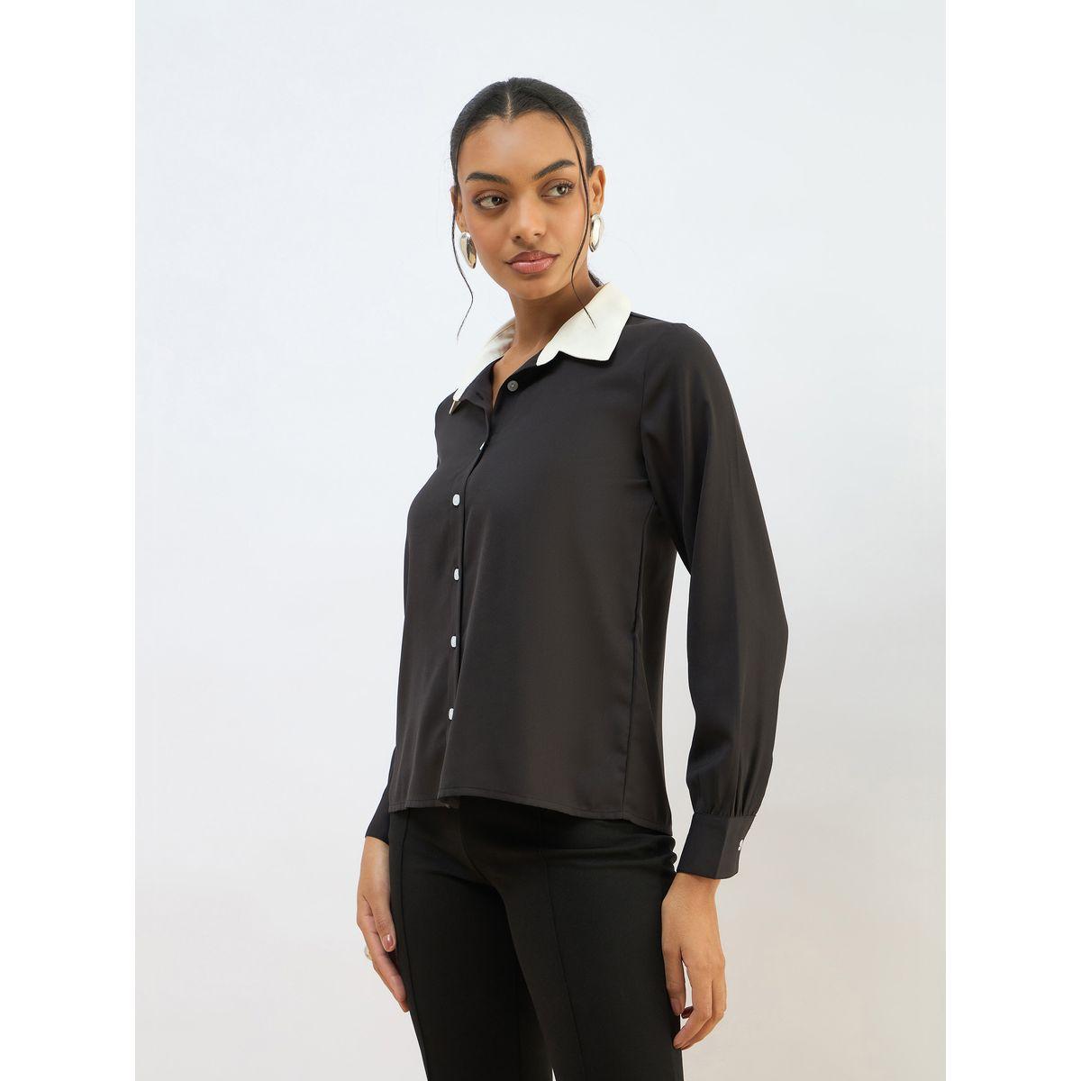 Sassafras Black Contrast Collar Regular Fit Buttoned Shirt-women-clothing-shirtsandblouses-shirts-image-3