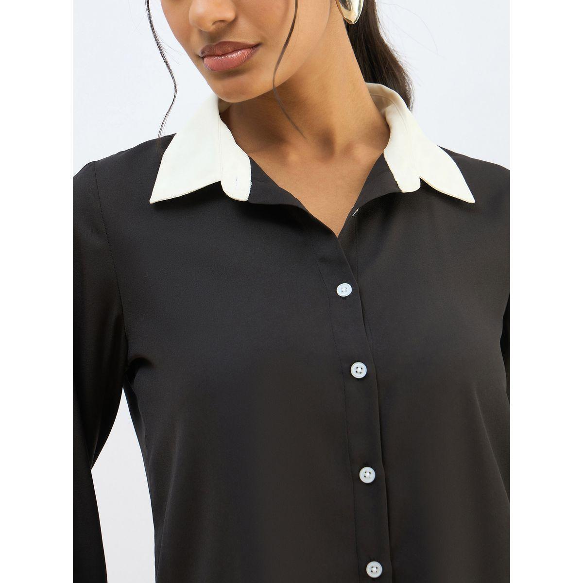 Sassafras Black Contrast Collar Regular Fit Buttoned Shirt-women-clothing-shirtsandblouses-shirts-image-4