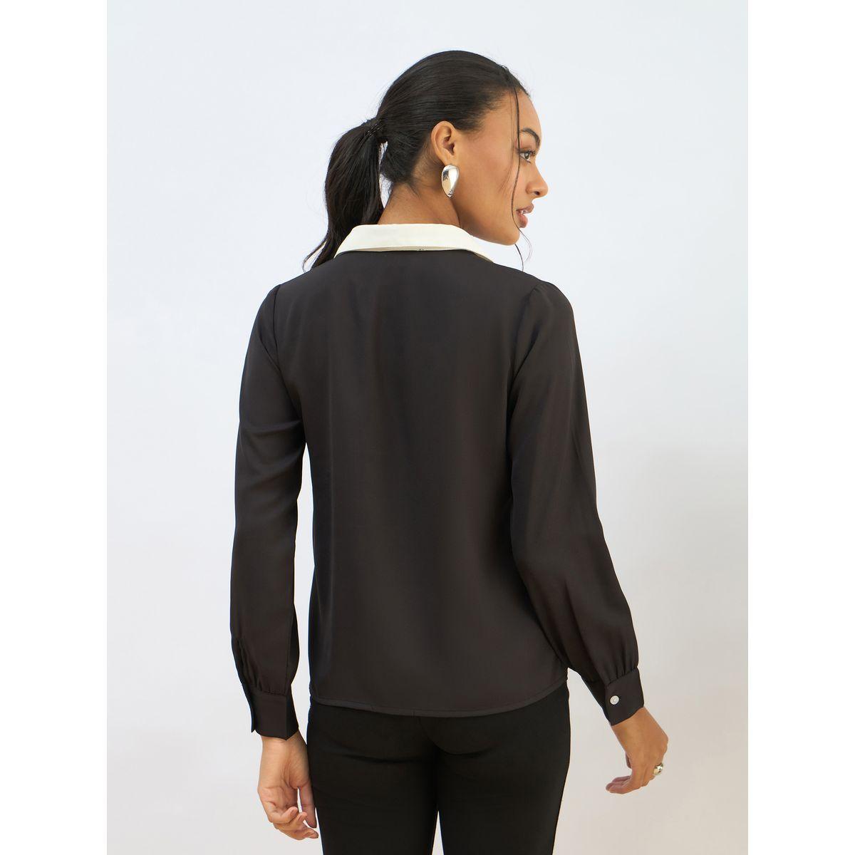 Sassafras Black Contrast Collar Regular Fit Buttoned Shirt-women-clothing-shirtsandblouses-shirts-image-5