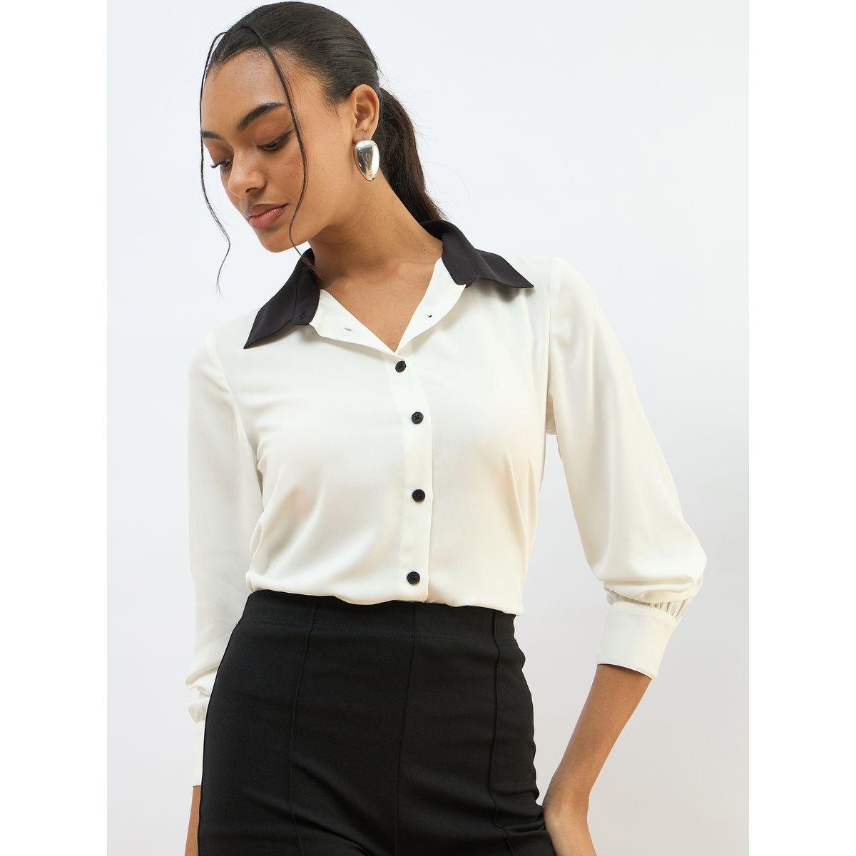 Sassafras White Contrast Collar Regular Fit Buttoned Shirt-women-clothing-shirtsandblouses-shirts-image-1