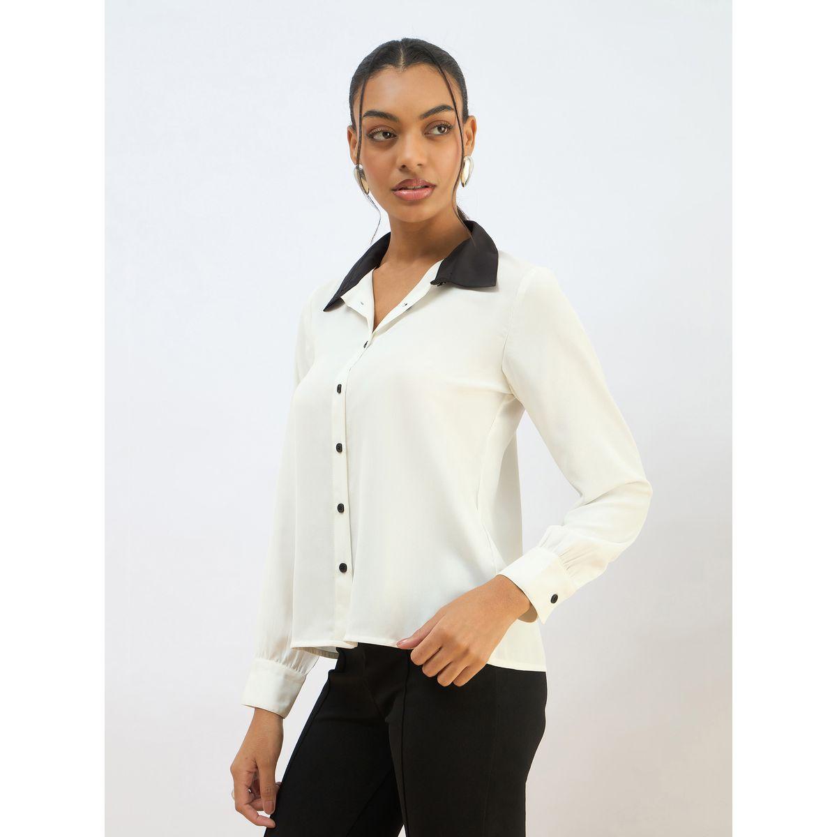 Sassafras White Contrast Collar Regular Fit Buttoned Shirt-women-clothing-shirtsandblouses-shirts-image-3