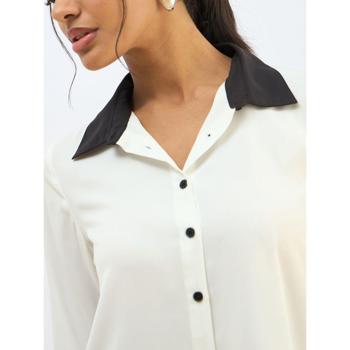 Sassafras White Contrast Collar Regular Fit Buttoned Shirt-women-clothing-shirtsandblouses-shirts-image-4