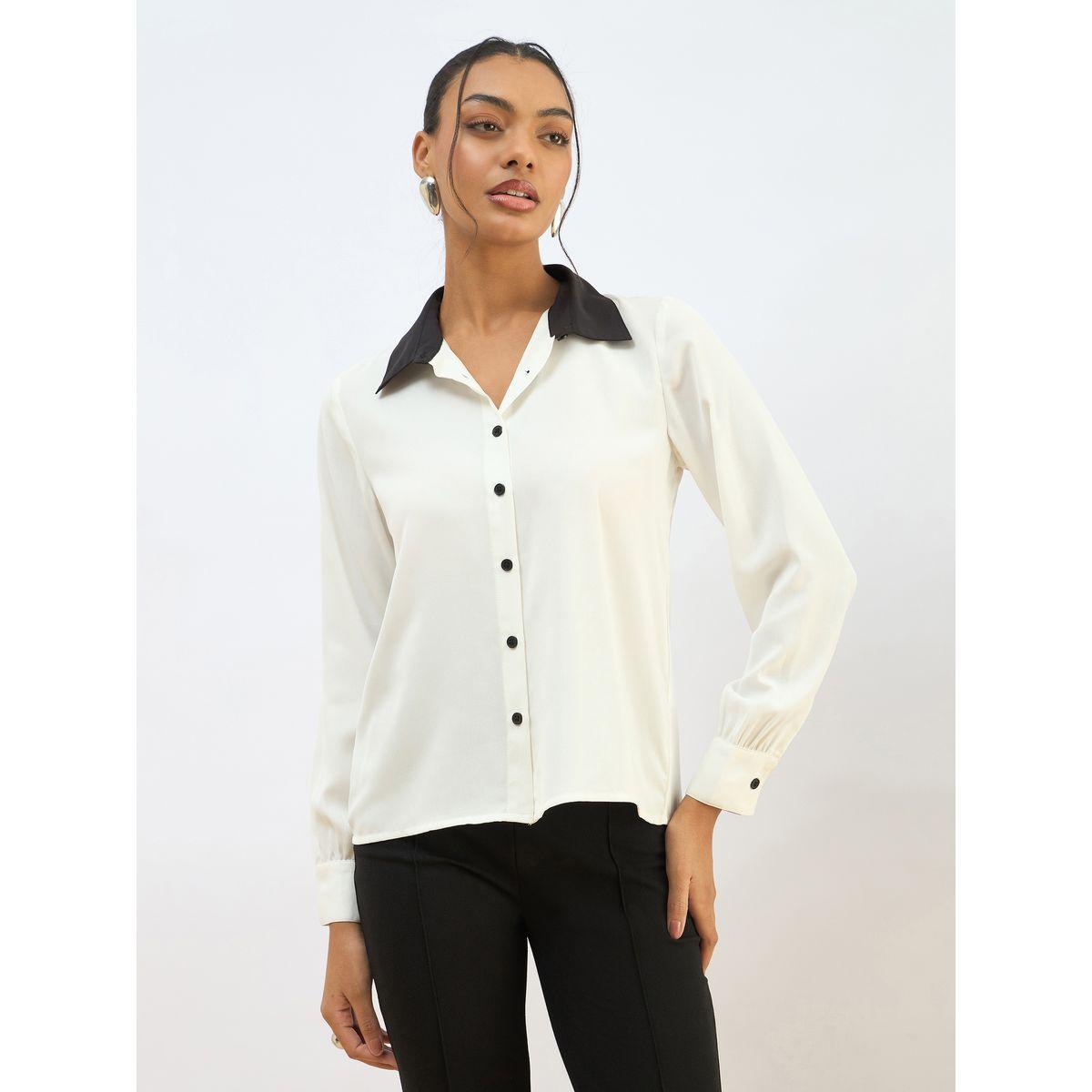 Sassafras White Contrast Collar Regular Fit Buttoned Shirt-women-clothing-shirtsandblouses-shirts-image-6