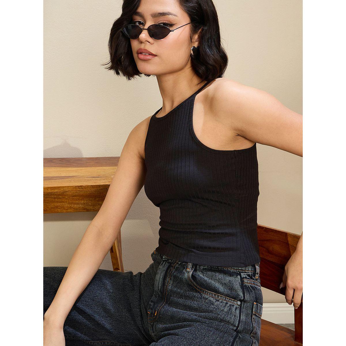 Sassafras Black Ribbed Strappy Crop Top-women-clothing-tshirts-image-2