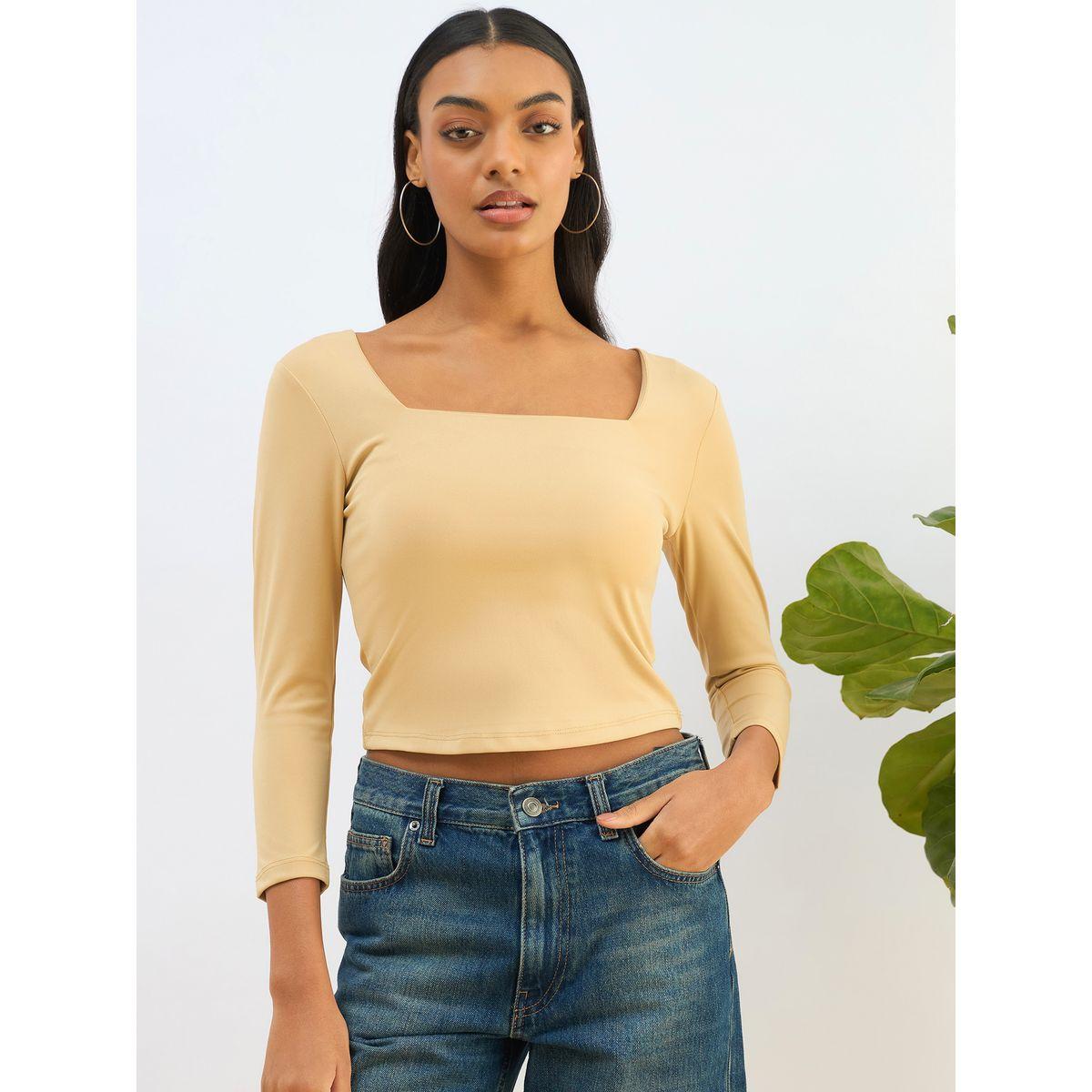 Sassafras Beige Square Neck Knitted Crop Top-women-clothing-tshirts-image-6